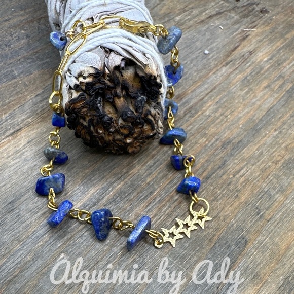 Gold dainty rosary link chain  lapis lazuli adjustable bracelet - Picture 1 of 1